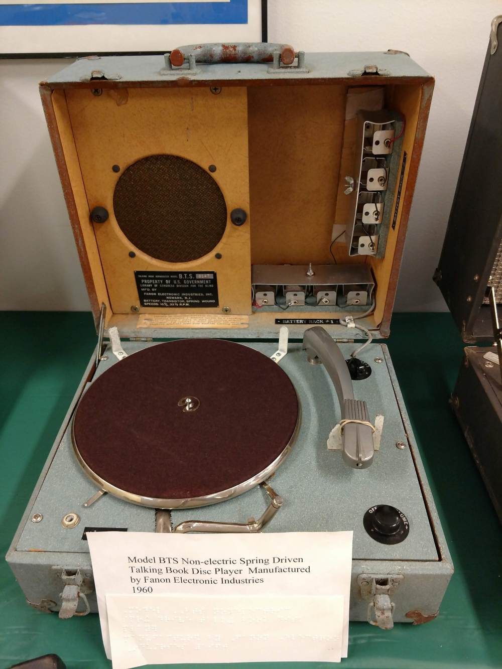 Model BTS Non-electric Spring Driven Talking Book Record Player Manufactured by Fanon Electronic Industries, 1960.